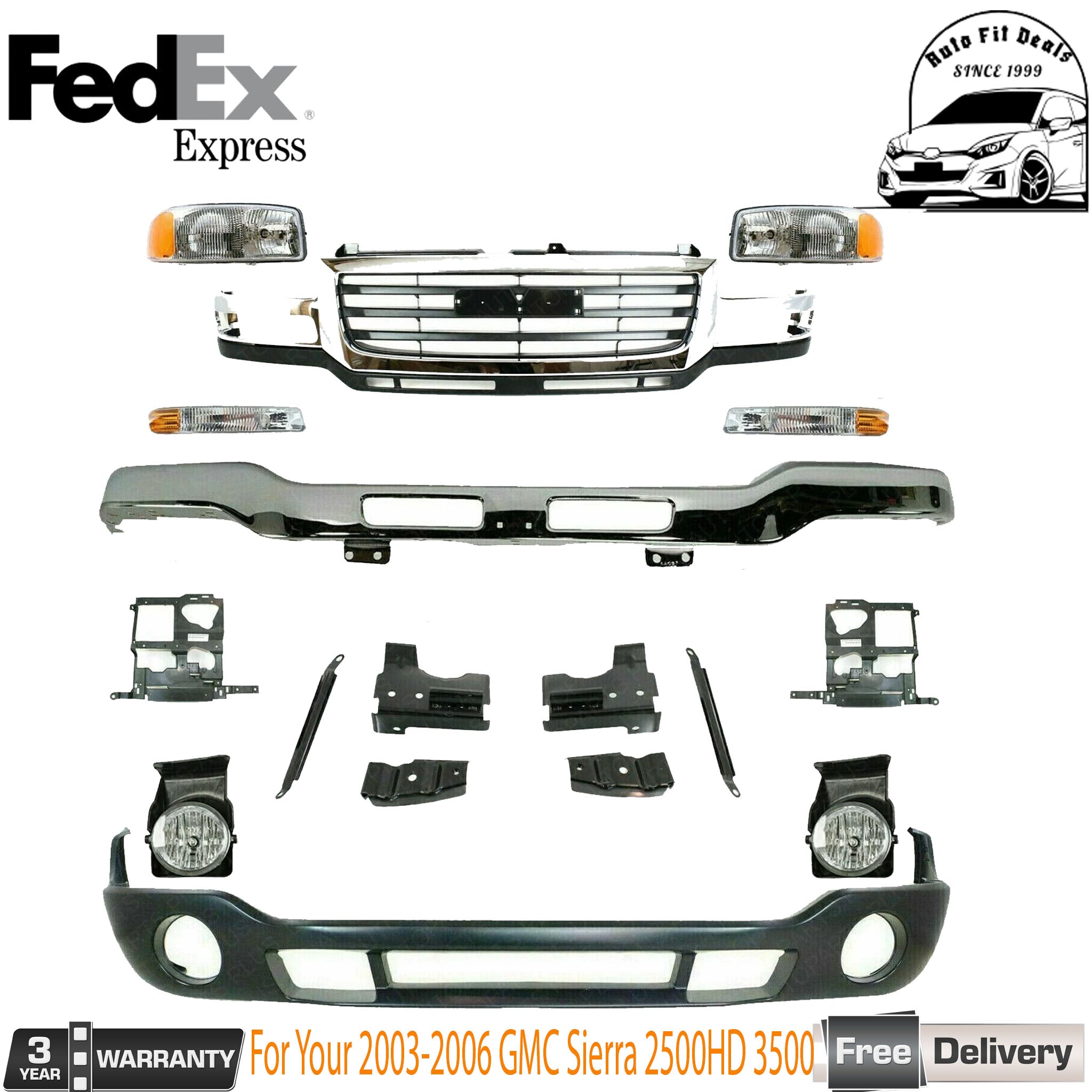 Front Chrome Bumper Kit with Brackets For 2003-2006 GMC Sierra 1500